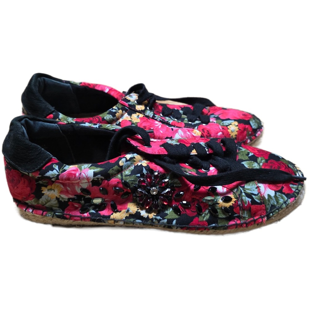 Yellow Box Floral Espadrille Sneakers Women's Size 8.5 Red With Rhinestones